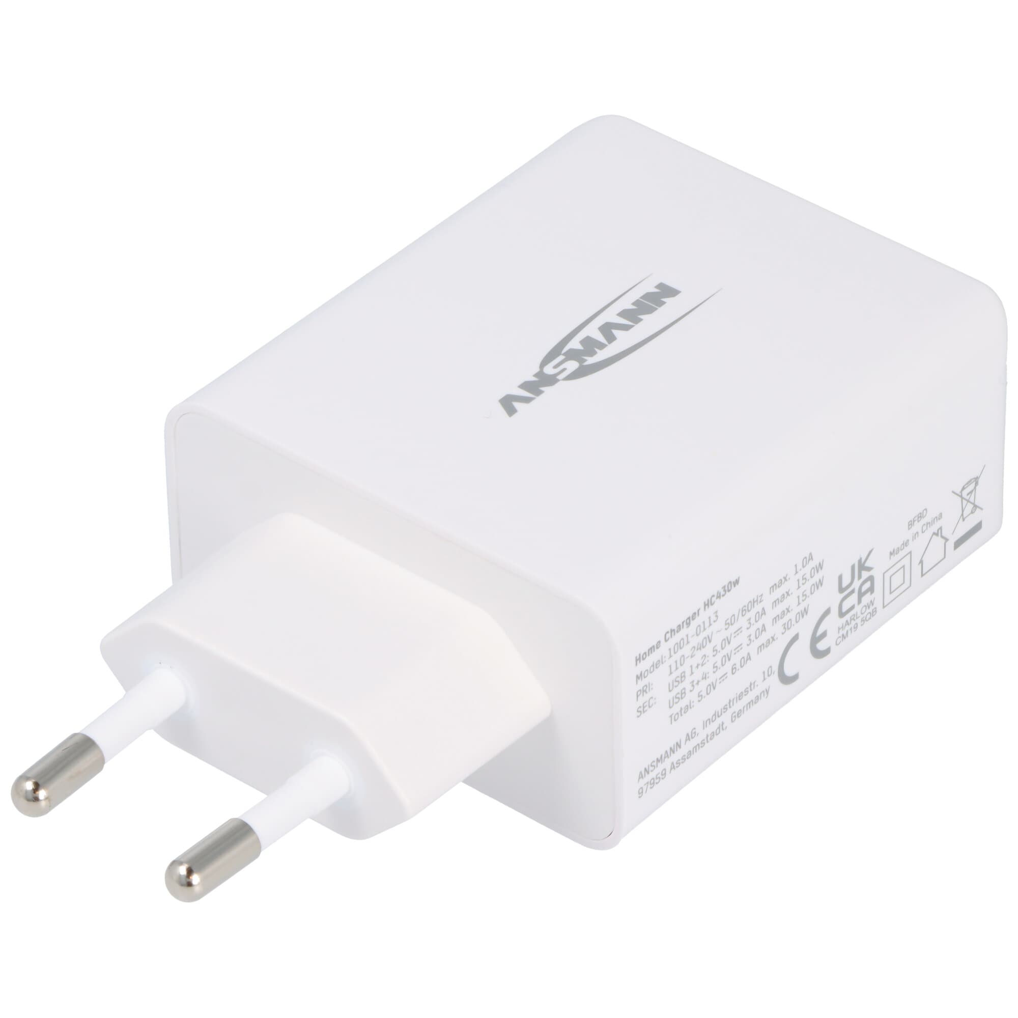 Chargeur USB Ansmann HC430, chargeur 4 voies, 30 W, blanc